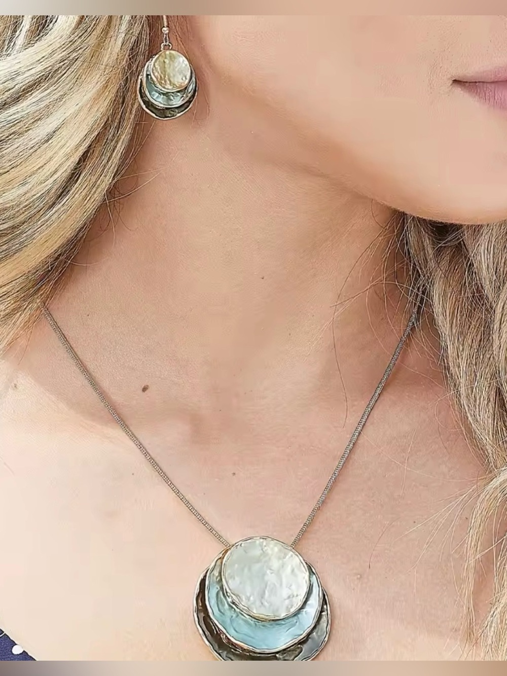 Sterling Silver Multi-Tone Disc Necklace and Earring Set - Blue and Cream
